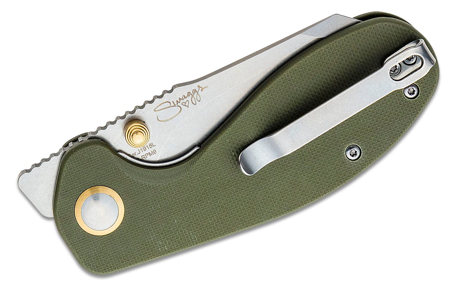 CJRB Cutlery,  MAILEAH Large,  J1918L, Satin AR-RPM9 BLADE, Green Handle - 3