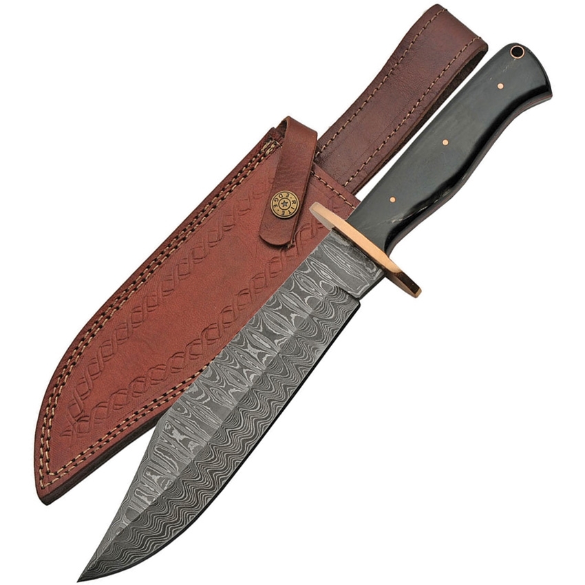 Damascus Knife, Black Smooth Bone Bowie  - 1