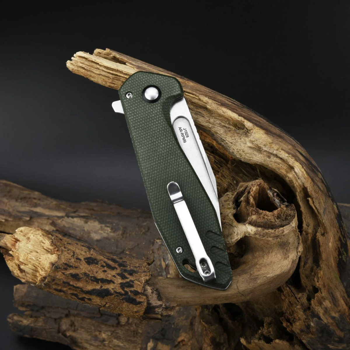 CJRB KNIVES  RIFF, AR-RPM9 STONEWASHED POWDER STEEL BLADE  AND GREEN MICARTA HANDLE  - 3